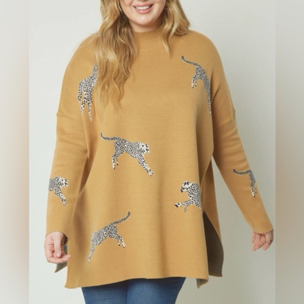 ENTRO Camel Brown/Tan Cheetah Print Mock Neck Relaxed Knit Sweater/Size: XL - Picture 5 of 10